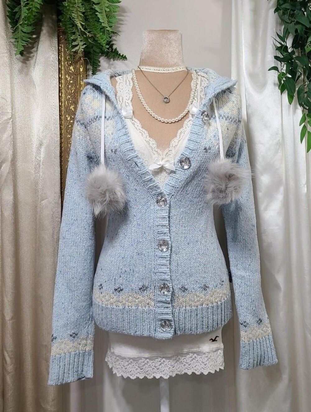 ♡ Y2K ♡ Hollister Baby Blue Bling Button Wool Fair Isle Hooded Babydoll Sweater
